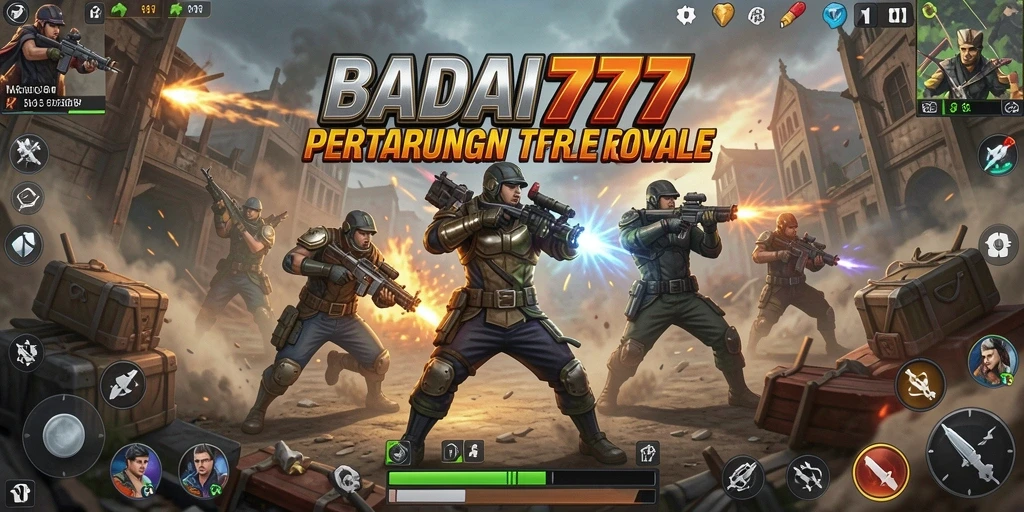 Tangkapan layar utama BADAI777 menampilkan aksi intens dalam gameplay Battle Royale.