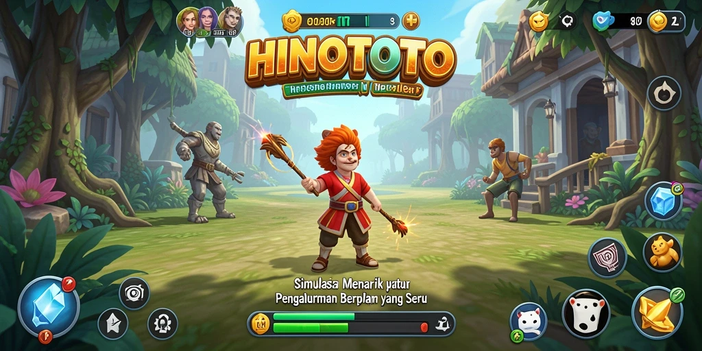 Screenshot gameplay HINOTOTO menunjukkan dunia simulasi yang interaktif.