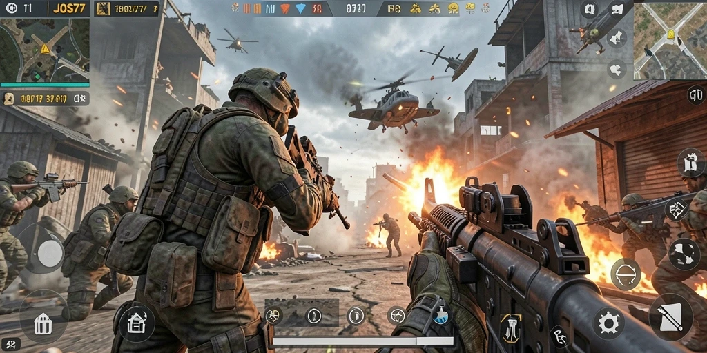 Tampilan gameplay menegangkan JOS77 dengan aksi FPS intens.