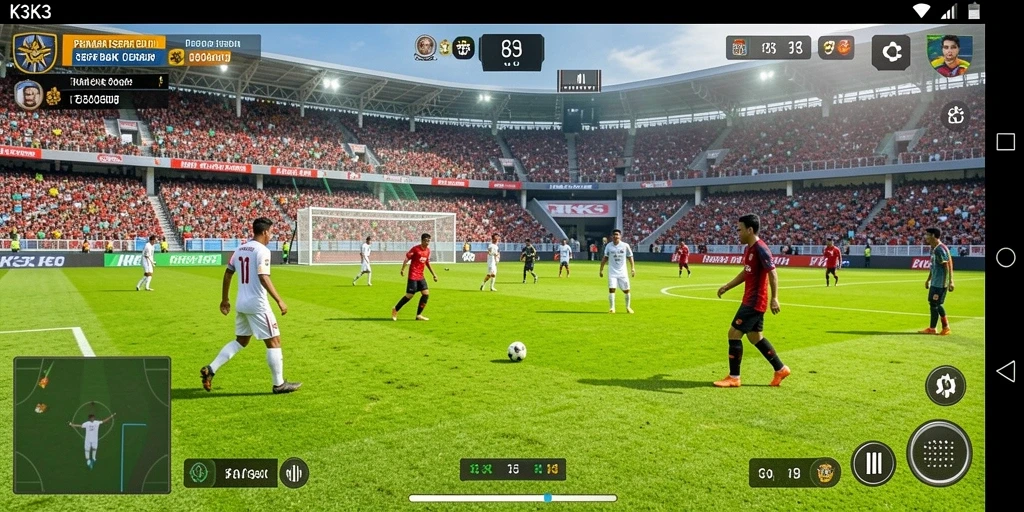 Screenshot gameplay K3K3 menampilkan aksi seru di lapangan sepak bola.