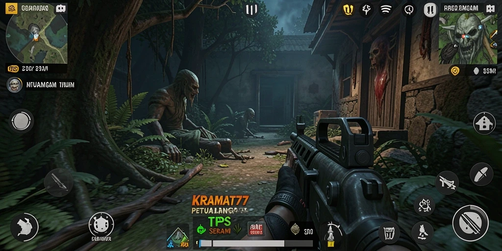 Tampilan gameplay seram dan mendebarkan dari KRAMAT77.