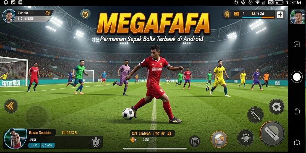 Screenshot menunjukkan gameplay seru dengan duel pemain di lapangan.