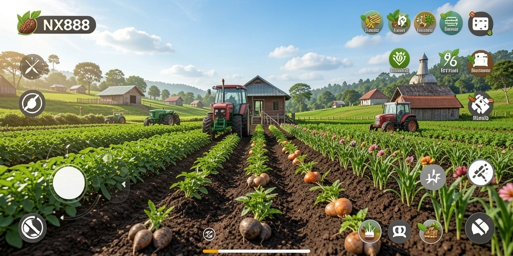 Gameplay seru bertani di NX888, penuh warna dan aktivitas.